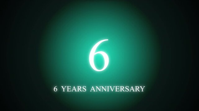 Animated 6 years anniversary glitch effect icon with digital distortion, isolated on black, teal glow
