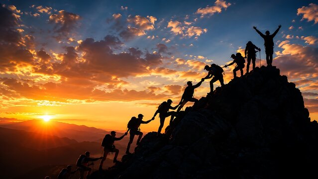 Silhouettes of a team of hikers helping each other climb a mountain peak during a beautiful golden sunset