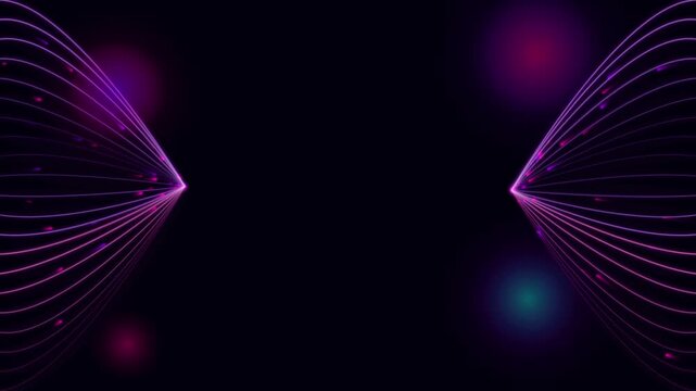 Abstract purple neon light wave lines moving smoothly with particles in motion on a dark black background, ideal for futuristic tech and digital themes.