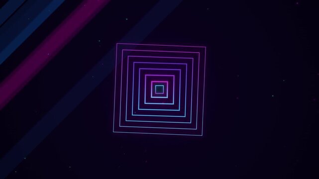 Neon purple square tunnel expanding in dark space with abstract geometric pattern lines moving forward in high speed loop animation for modern motion design.