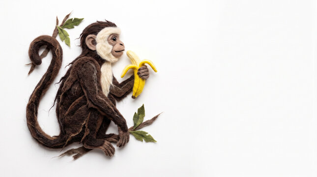 Monkey sitting with banana on leaf branch against white background  