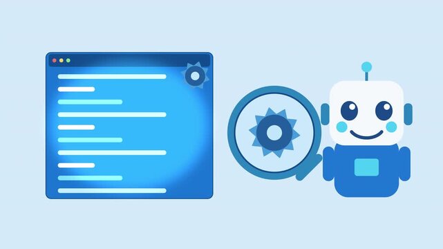Smiling robot and magnifying glass near code window, animation