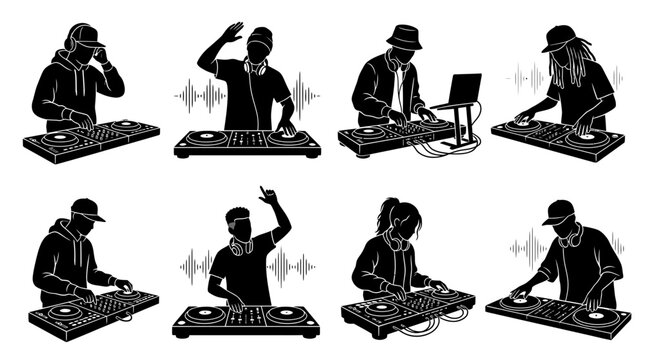 Skilled DJs performing musical sets with audio mixers on a clean and isolated white graphic background