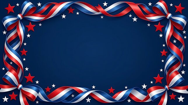 Festive patriotic border with ribbons stars and a dark blue background
