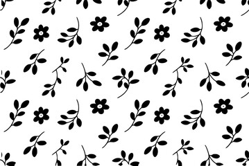 Fototapeta premium テキスタイルや壁紙用の、白い背景に黒い手描きの花と葉をあしらったシームレスなパターン