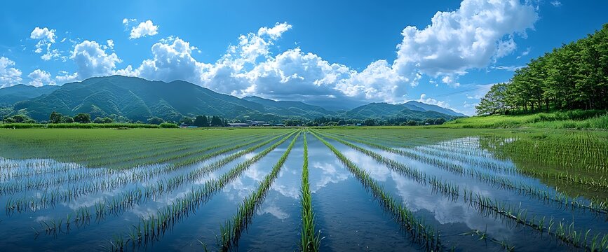 Flooded Rice Paddies Reflect Sky, Mountains