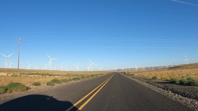 4K action camera driver's point of view of a wind farm near Arlington, Columbia River Gorge, Oregon, USA at morning light. Rotating wind turbines producing clean renewable electricity in strong winds