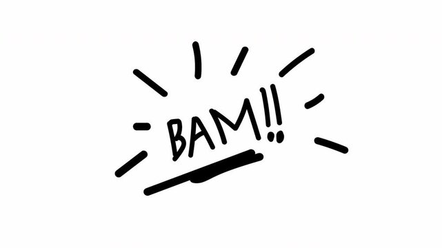 BAM  comic doodle  text message with doodle burst animation 4k in white background
