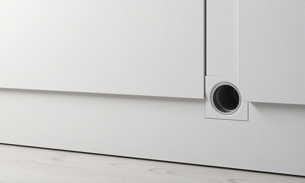 Vacuum inlet port integrated into a white minimal baseboard for a central cleaning system in a modern interior home with copy space