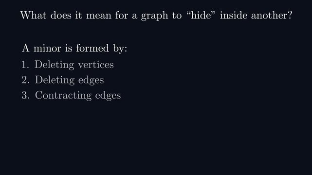 Abstract 2D math animation visualizing graph minor theory and the Robertson-Seymour theorem with transforming nodes and edge structures