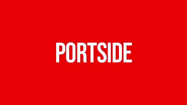 PORTSIDE text animation in bold white letters on a red background. Perfect for maritime, harbor, shipping, coastal, and nautical themes.