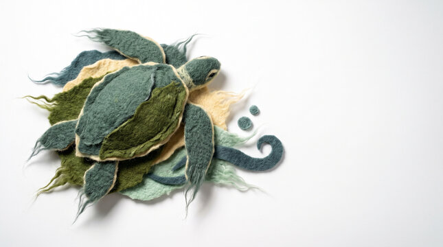 Felted sea turtle art piece on white background  