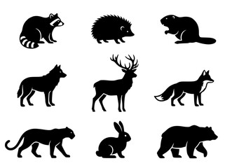 Fototapeta premium Black forest animal silhouettes, 9 minimalist wildlife vector icons. Woodland creature stencils for nature branding and outdoor logos.