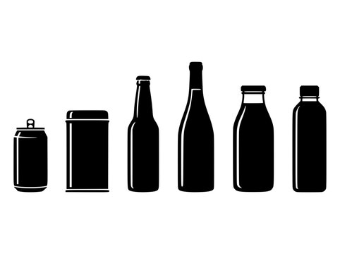 Minimalist beverage packaging silhouettes, black drink bottle and aluminum can icons, 6 vector container shapes for product branding