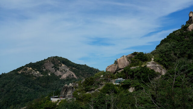 Panoramic view of Mt. Inwangsan with traditional hermitage and rocky peaks, Seoul, South Korea