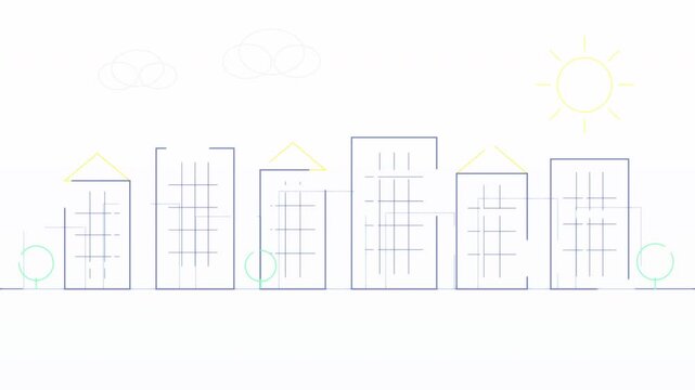 Animated line art city skyline with sun and clouds, modern urban concept design