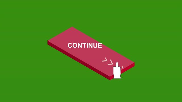 Isometric continue button animation with cursor click on green background, motion graphic loop