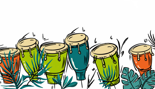 Colorful djembe drums in jungle setting.