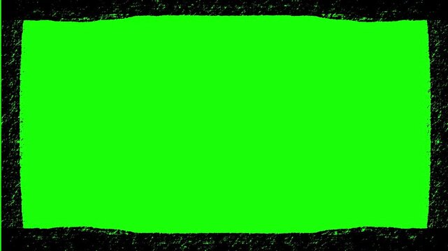 Grunge texture border frame animation with black edges on green screen background.