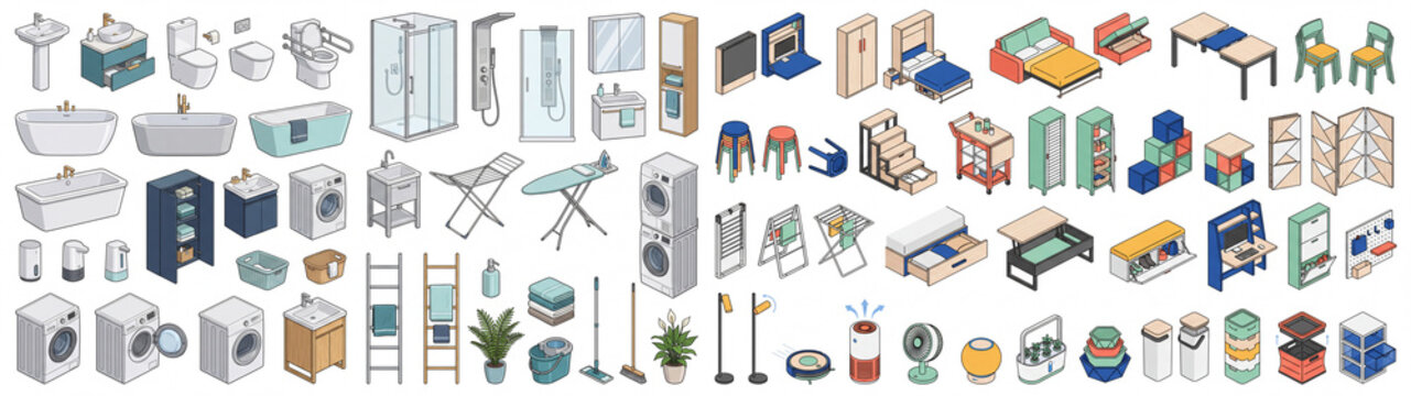 Isometric Household Furniture Appliances and Home Interior Icon Collection
