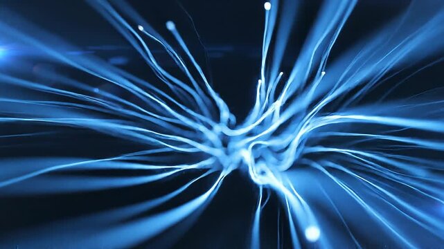 Abstract blue fiber optic light strands glowing in dark background technology connection concept