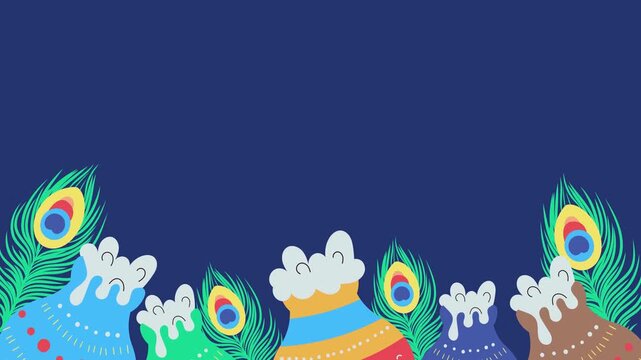 Krishna janmashtami background animation featuring traditional dahi handi pots and vibrant peacock feathers.