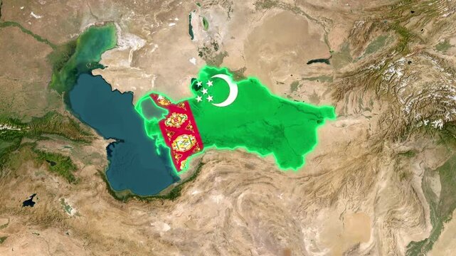3D Map Animation Highlighting Turkmenistan with National Flag and Flagpole