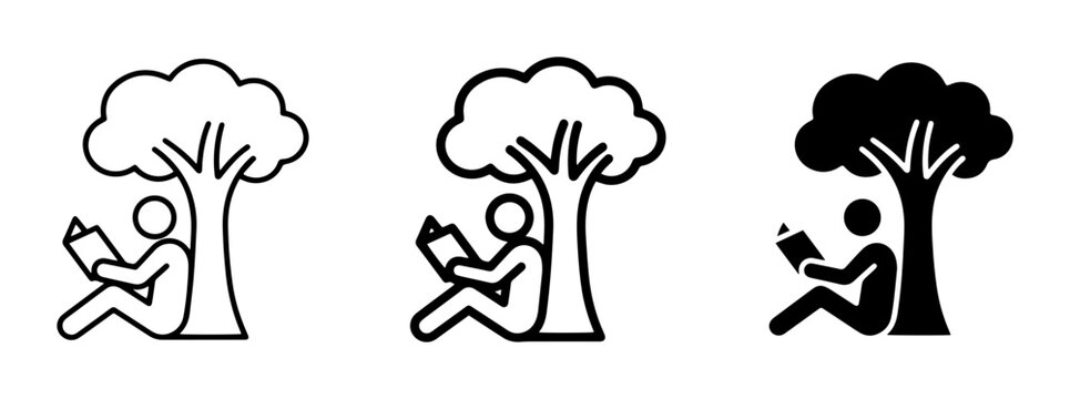 Person Reading Under Tree Icons, Silhouette, Outline, Line Art