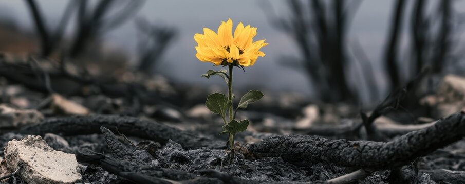 A single bright yellow flower growing through ashes in a burnt forest landscape