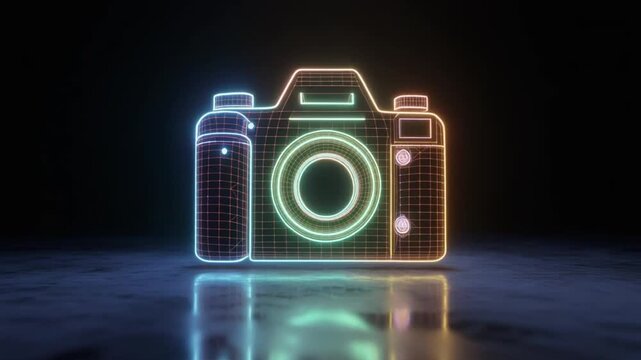 Futuristic neon camera glowing with vibrant color transitions 4k