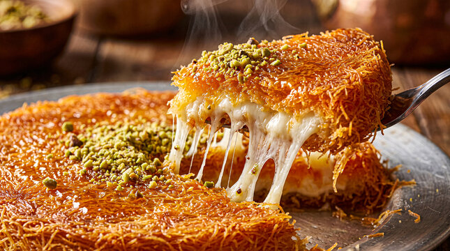 Knafeh dessert with stretchy melted cheese and pistachio