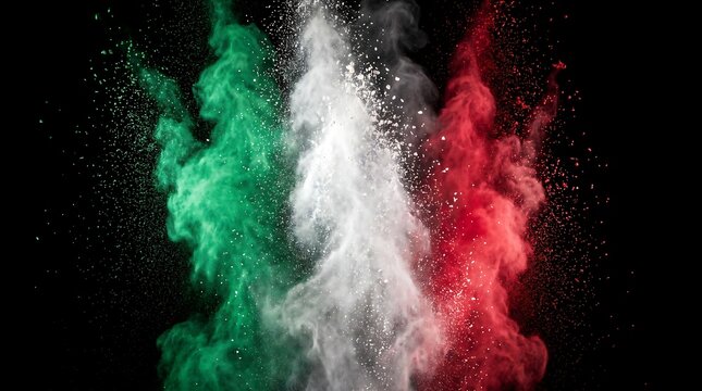 Vibrant Italian flag colors exploding in dynamic powder burst on dark background