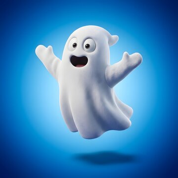 A cute cartoon ghost character jumping with joy isolated against a bright blue background