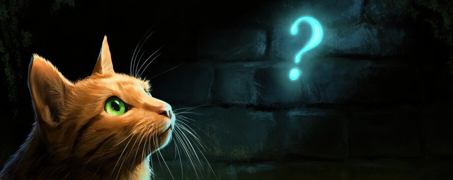 Curious orange cat looking up at a glowing blue question mark in the night