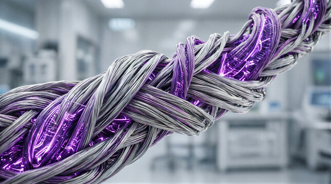 Platinum axons circuitry technology macro view of braided metallic fibers interwoven with glowing violet light representing advanced neural network connectivity