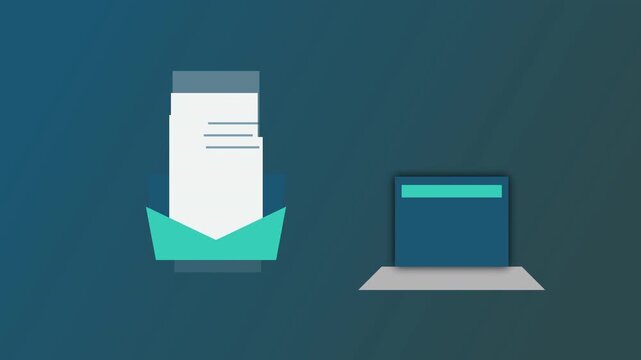 Envelope with documents animation concept near laptop computer motion graphic, digital communication, business data