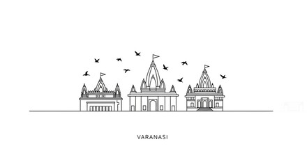 Fototapeta premium Varanasi skyline illustration, Hindu temples, birds flying, minimalist line art