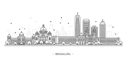 Fototapeta premium Bengaluru Cityscape Outline - India's Silicon Valley Skyline Illustration