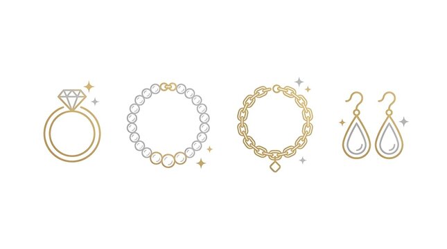 Gold jewelry line icon set on white background.