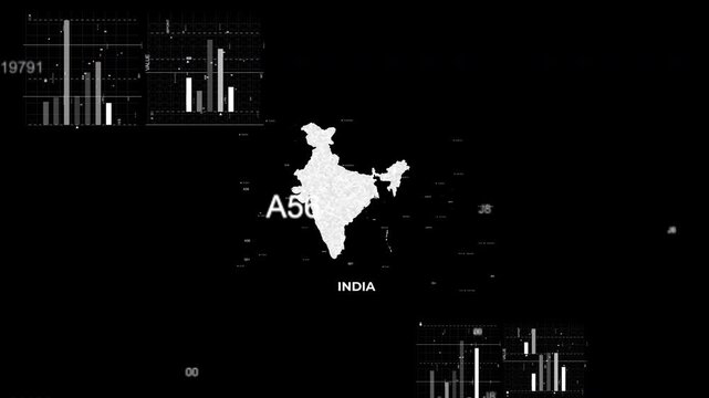 India map animation showcasing economy, infrastructure, technology, population, energy, trade, and national development data for presentations, films, documentaries, and motion graphics.
