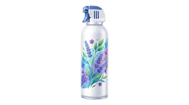 Lavender air freshener spray bottle, floral scented room deodorizer with purple flower design, aerosol canister for home fragrance