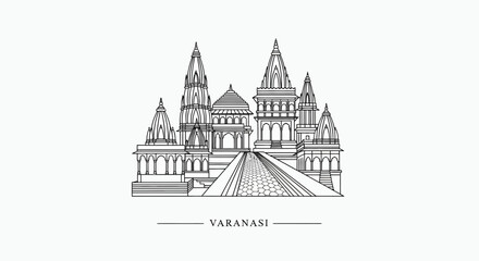 Fototapeta premium Varanasi skyline illustration, Indian temple architecture, spiritual landmark, line art