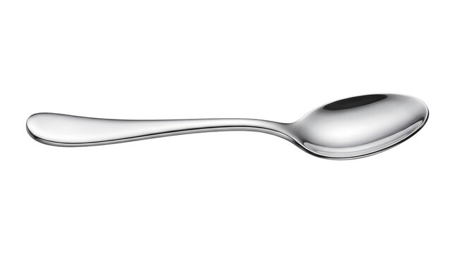 Polished stainless steel spoon isolated on white background. Shiny silver metal teaspoon, elegant kitchen cutlery for dining and food service.