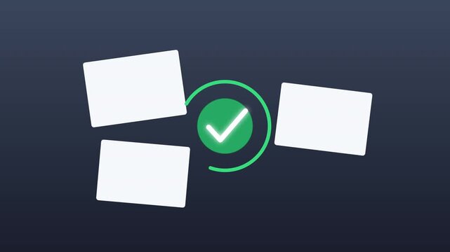 Animation of a green checkmark appearing within a circle, symbolizing approval and success, over blank cards