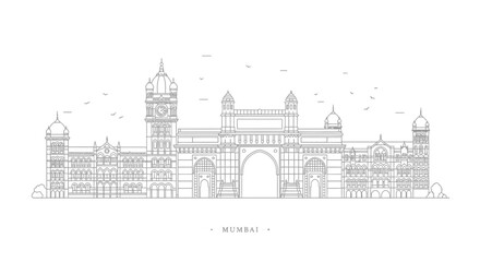 Fototapeta premium Mumbai Skyline: Gateway of India Landmark Line Art Illustration