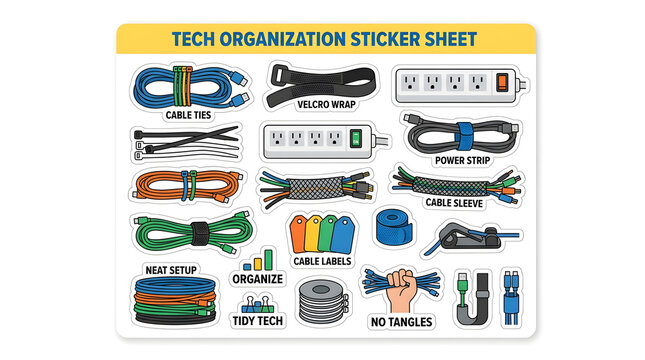 Tech Organization Sticker Sheet: A colorful assortment of stickers illustrating various tools and methods for organizing electronic cables and cords, promoting a tidy digital environment.