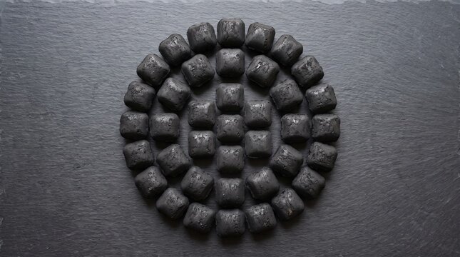 Charcoal briquettes arranged in a circular pattern on a dark textured background