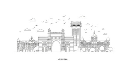 Naklejka premium Mumbai Skyline Outline - Iconic Architecture, India Landmark