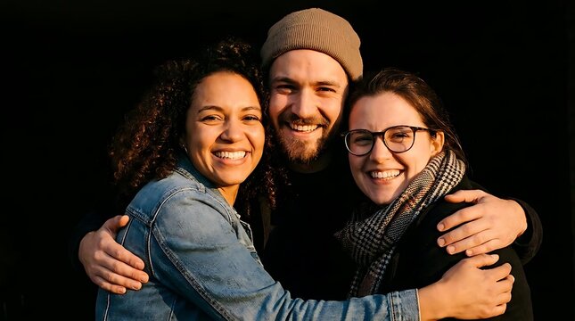Happy group of friends embracing and smiling outdoors.