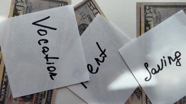 Money management showing savings, rent and vacation funds on white background. Financial planning concept with american dollar bills and handwritten notes for budgeting